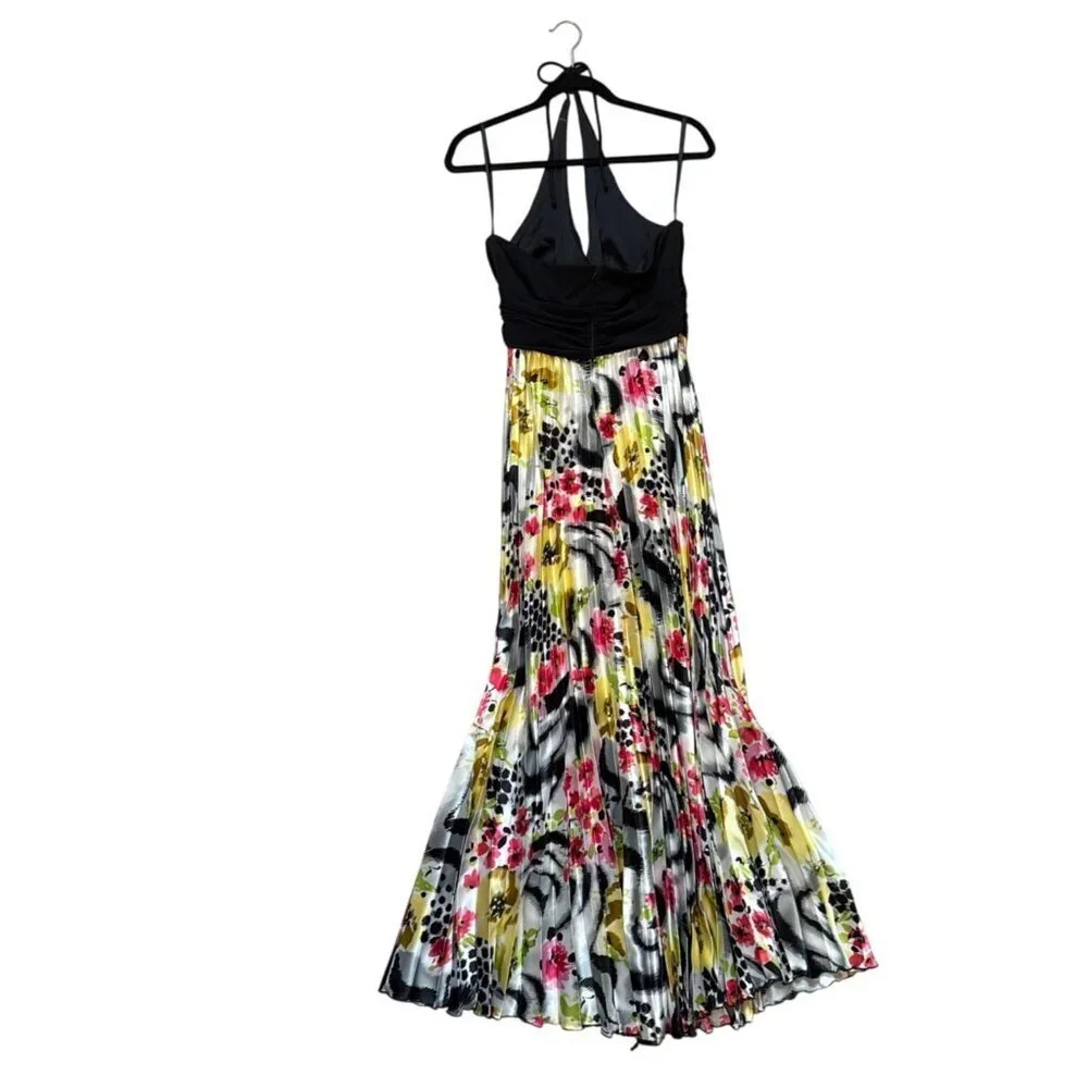 Betsy & Adam By Linda Bernell Halter Maxi Dress Size 12 Black Bodice Floral